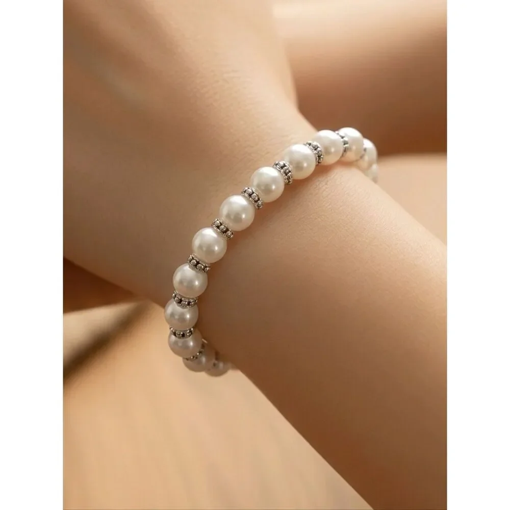 Elegant White Pearl Beaded Bracelet Minimalist Bridal Prom Modern Classic